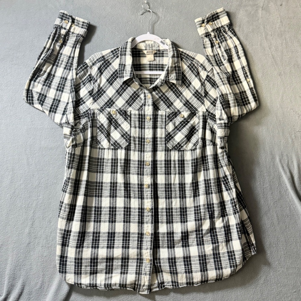 Duluth Trading Co Womens 2X Black White Plaid Free Swingin Flannel Shirt Cotton